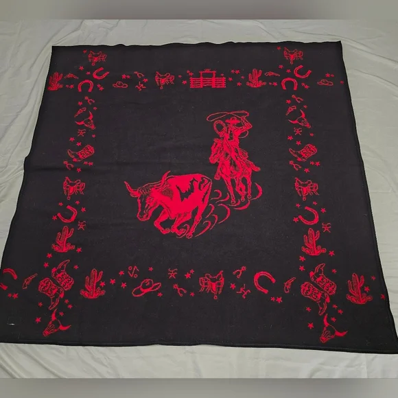 Vintage Pendleton Woolen Mill Store Cowboy Rodeo Bull Western Wool Blanket - Picture 9 of 11